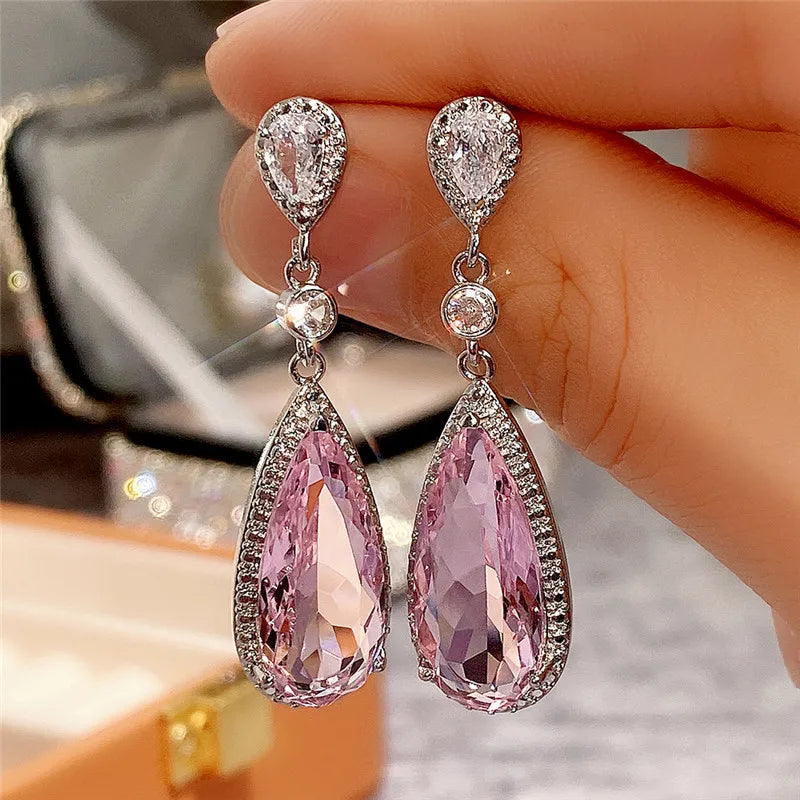Huitan Pink CZ Water Drop Dangle Earrings | Wedding & Party Dangle Earrings Axl E1468