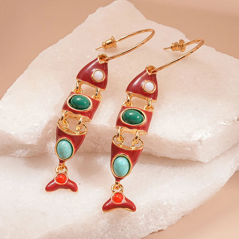 Red Enamel Fish Tassel C-Hoop Earrings | Ethnic Boho Style Hoop Earrings Axl