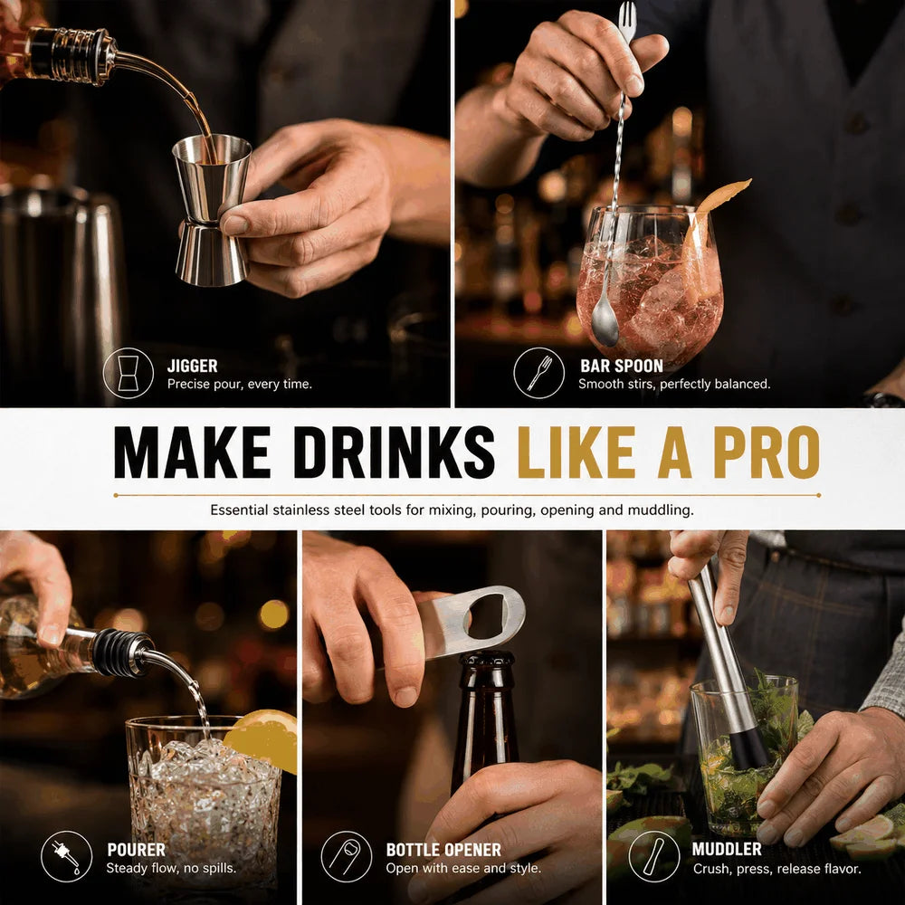Stainless Steel Cocktail Muddler & Bar Tool Set | 3–9 Piece Bar Tool Set Axl