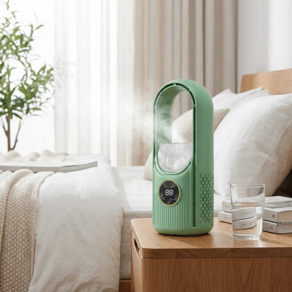 6-Speed Bladeless Portable Fan with Mist Humidifier | Silent Portable Mist Fan Axl