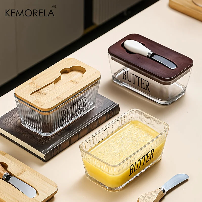 Glass Butter Dish with Bamboo Lid & Knife | Airtight Storage Butter Dish Axl