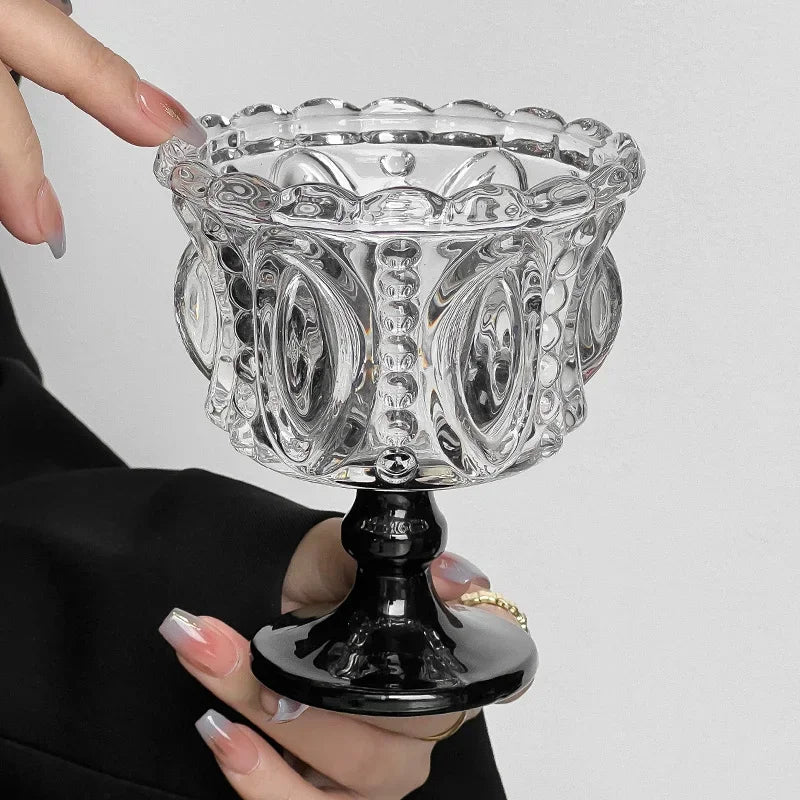 KEMORELA Retro Embossed Black Crystal Goblet | Whiskey & Dessert Glass Cocktail Goblet Glass Axl Black Feet 201-300ml