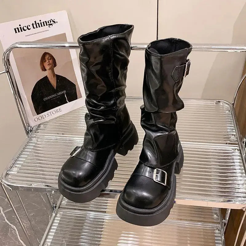 Women's Retro Brown Mid-Calf Wedge Boots | Waterproof Zipper Mid-Calf Boots Axl Black 40