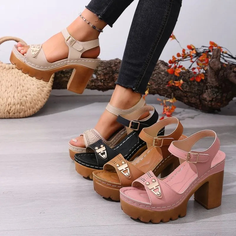Women's Multi-Strap Block Heel Sandals | Adjustable Buckle Block Heel Sandals Axl