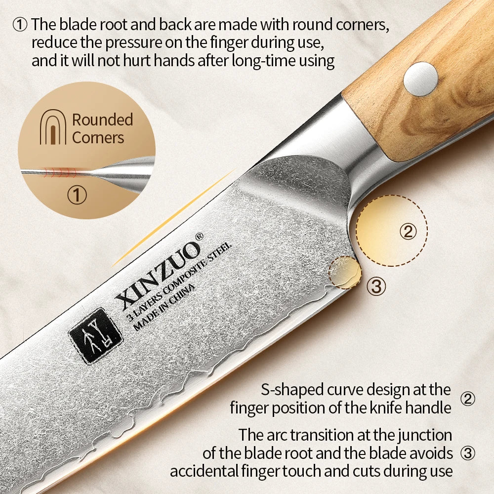 XINZUO 8.27" Damascus Carving Knife | Olive Wood Handle & Gift Box Carving Knife Axl