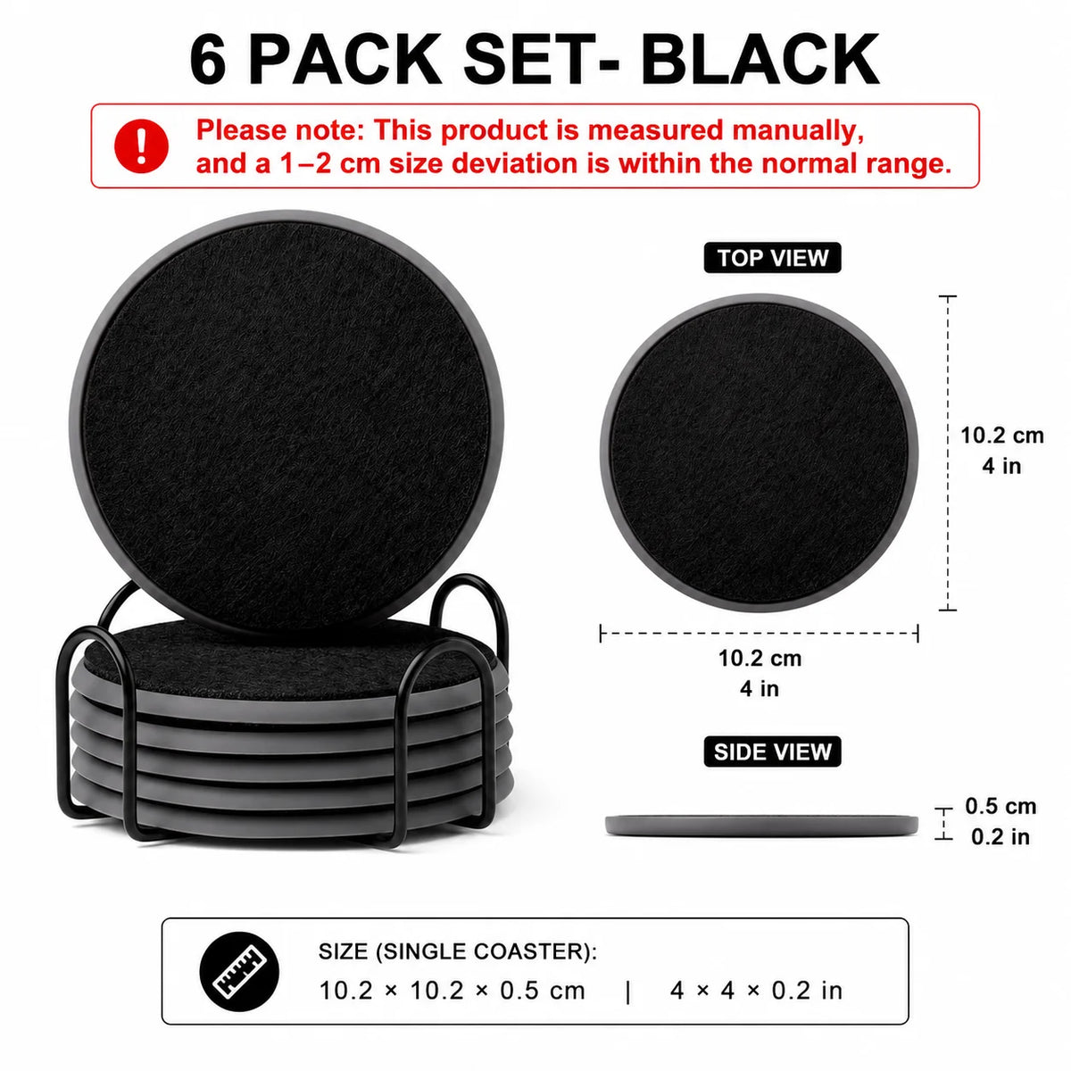 Felt & Silicone Drink Coasters Set of 6 with Metal Holder Drink Coaster Set Axl 6 PACK Set-Black