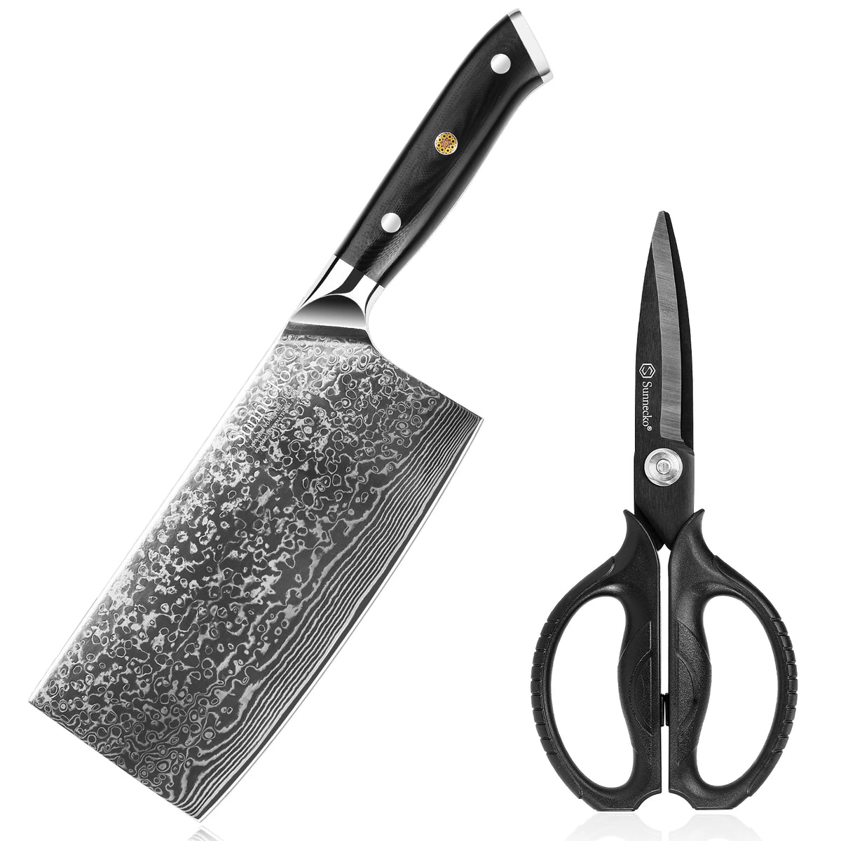 Sunnecko 7" Damascus VG10 Cleaver Knife & Kitchen Scissors Set Damascus Cleaver Set Axl Knife and Shears Set China Mainland