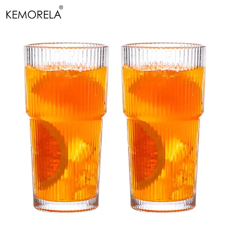 KEMORELA Ribbed Glass Tumblers 590ml | Set of 2 or 4 Glass Tumbler Set Axl 2PCS-Without cover 501-600ml