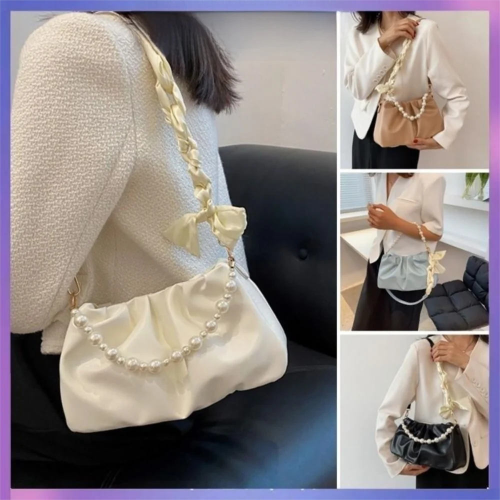 Pleated PU Leather Shoulder Bag with Pearl Detail | Women's Purse Shoulder Handbag Axl