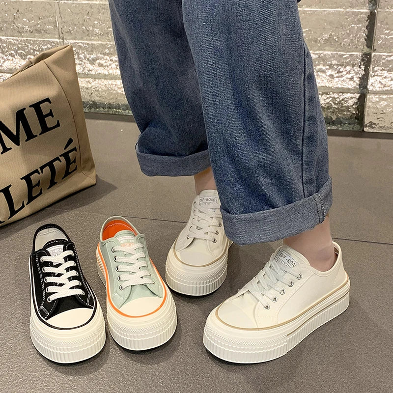 Women's Canvas Lace-Up Shoes – Casual Thick Heel Low-Top Flats Canvas Flat Shoes Axl