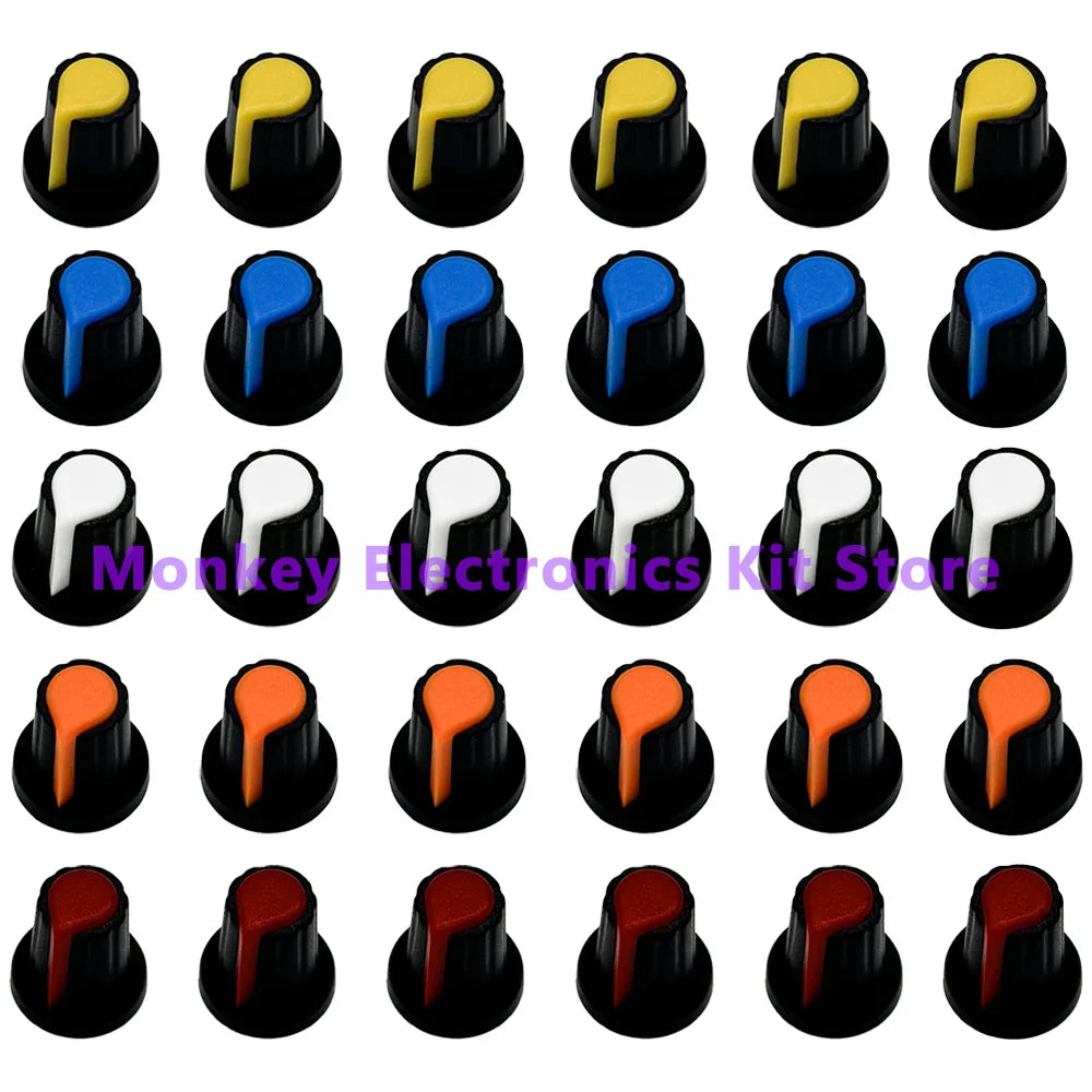 30-Piece Plastic Potentiometer Knobs 6mm Shaft – 5 Colors Potentiometer Knobs Axl