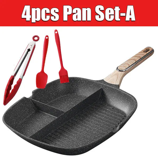 29cm Nonstick 3-Section Square Grill Pan | Induction Griddle Grill Pan Griddle Axl 4pcs Pan Set-A