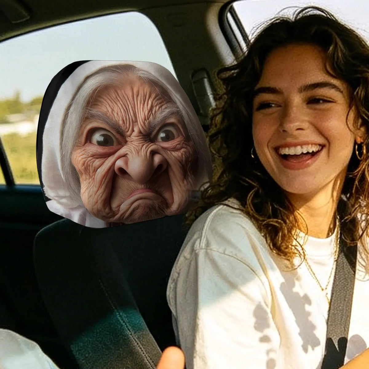 Funny Granny Face Car Headrest Covers – 2Pcs Elastic Washable Car Headrest Cover Axl