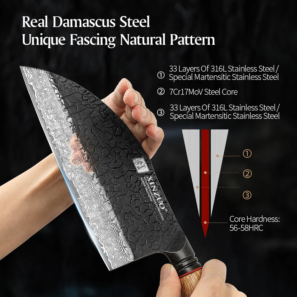 XINZUO 7.28" 67-Layer Damascus Bone Chopper – Oak & G10 Handle Damascus Bone Chopper Axl