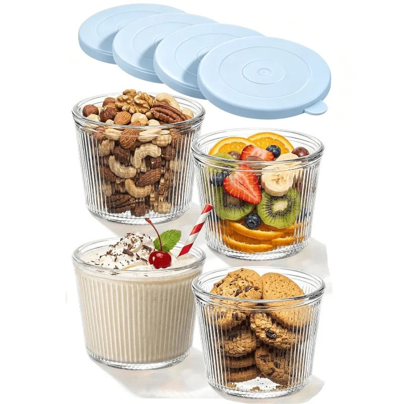 KEMORELA Glass Bowls with Lids – Stackable Striped Set Glass Storage Bowls Axl 4PCS Blue