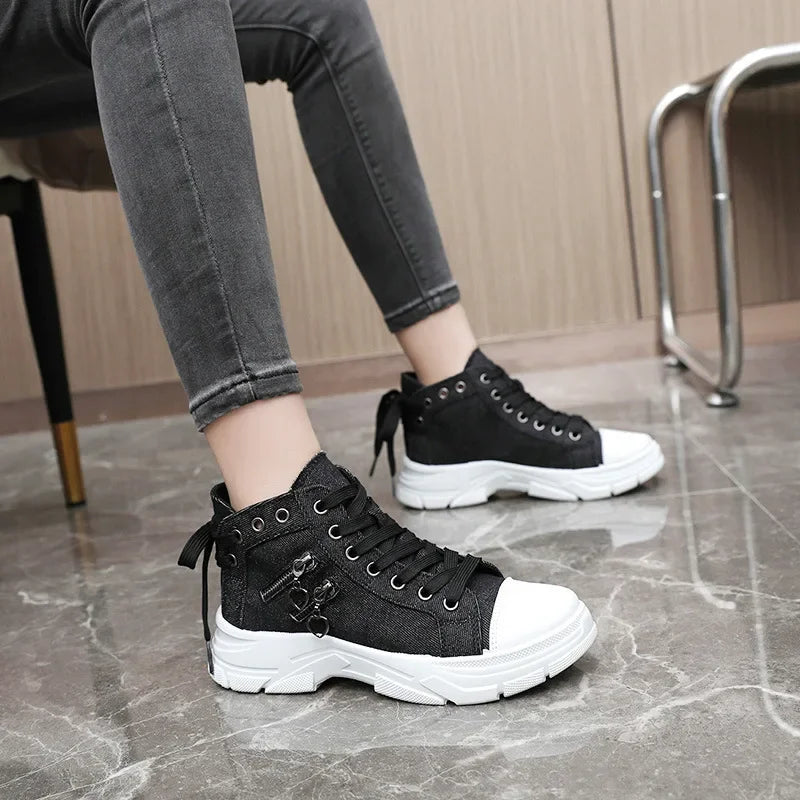 Women's High Top Denim Canvas Platform Sneakers – Lace Up Platform Canvas Sneaker Axl