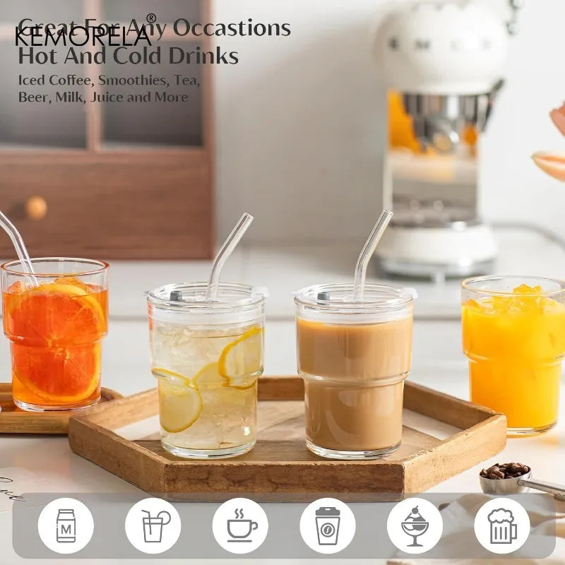 KEMORELA 380ml Glass Tumblers with Lid & Straw | Hot & Cold Glass Tumbler Set Axl