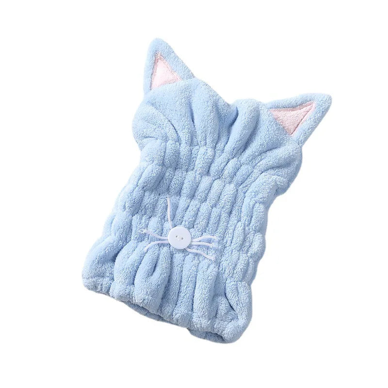 Cute Cat Microfiber Hair Drying Towel Cap – Coral Velvet Hair Drying Cap Axl Blue