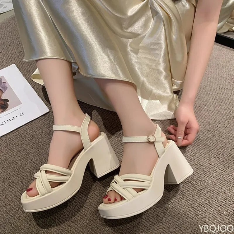 Women's Peep Toe Block Heel Buckle Sandals – Platform Style Block Heel Sandals Axl Beige 37