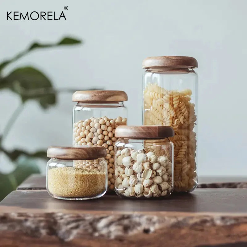 KEMORELA Glass Storage Jar with Acacia Wood Lid | Airtight Canister Glass Storage Jar Axl