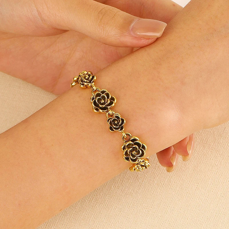 Retro Vintage Rose Flower Bracelet – Women's Gold Silver Chain Charm Bracelet Axl