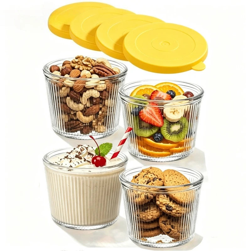 KEMORELA Glass Bowls with Lids – Stackable Striped Set Glass Storage Bowls Axl 4PCS Yellow