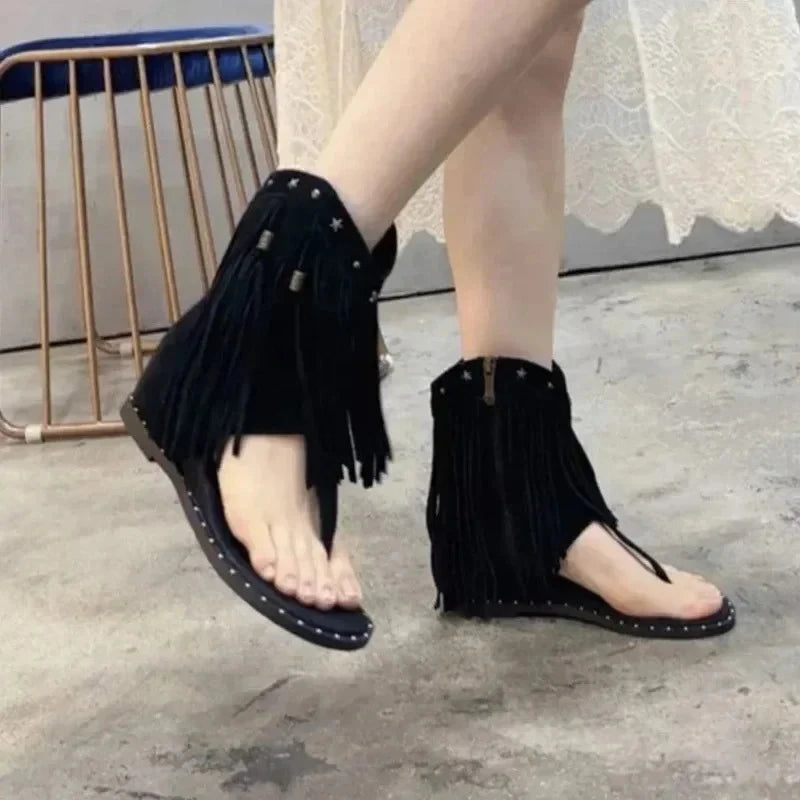Women's Gladiator Sandal Boots | Tassel Flat Roman Toe Clip Gladiator Sandal Boots Axl