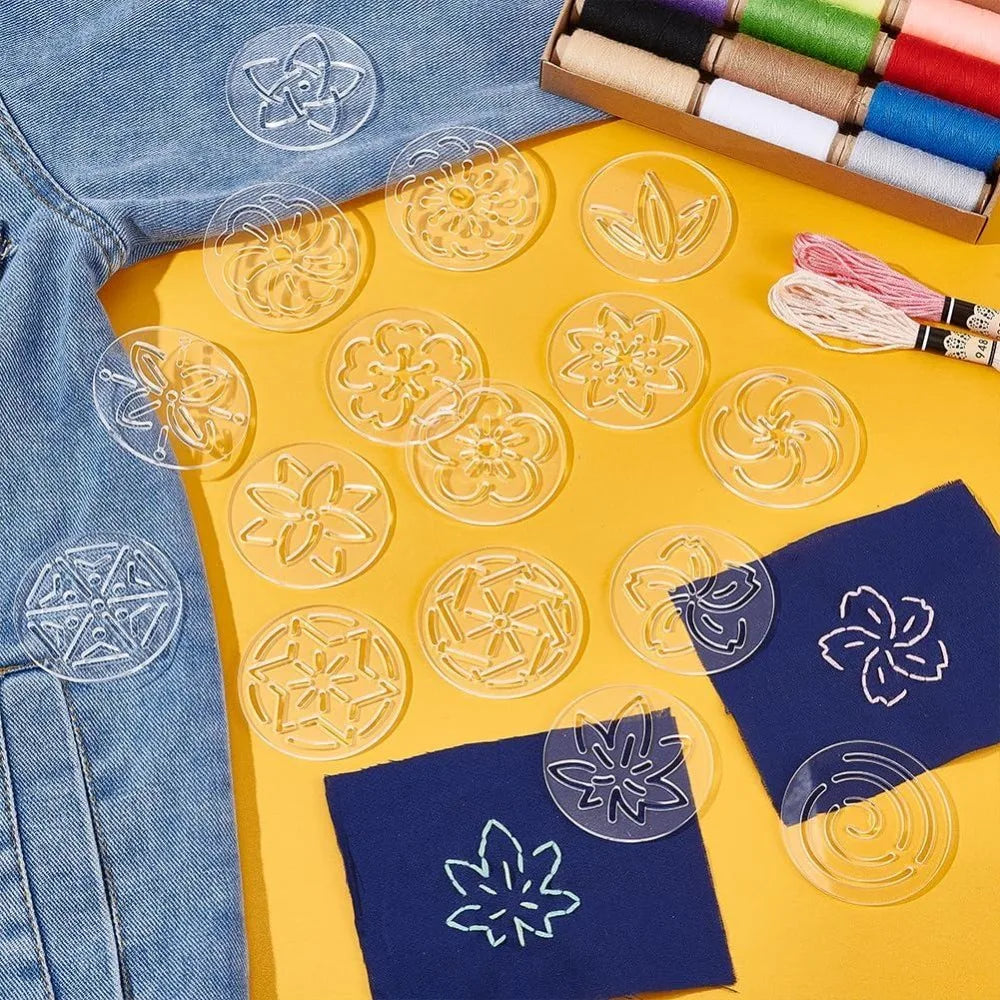 16-Pc Acrylic Sashiko Stencil Set – Flower Embroidery Templates Embroidery Stencil Set Axl