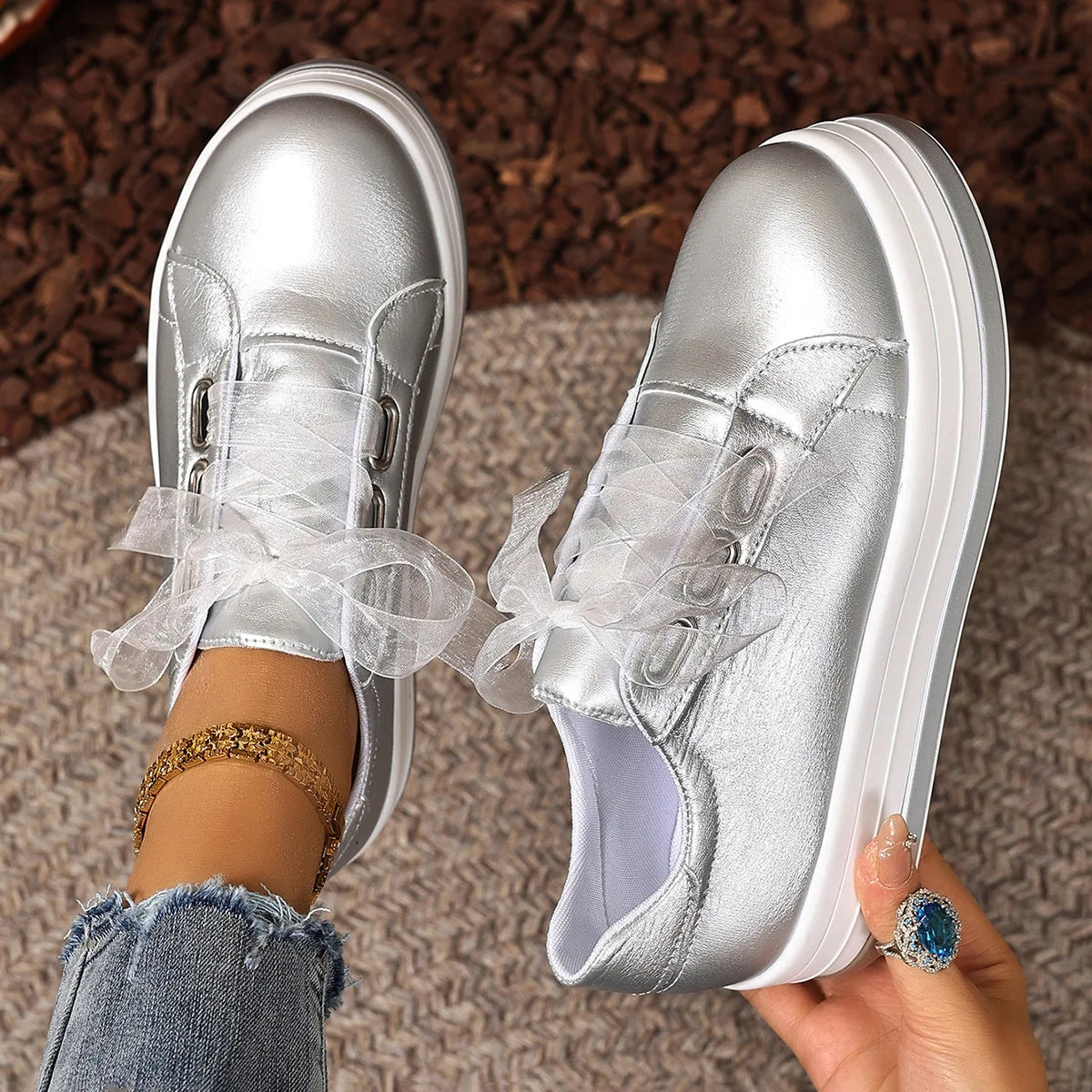 Women's Platform Sneakers – Lace-Up Casual Vulcanized Shoes Platform Sneakers Axl sliver 38