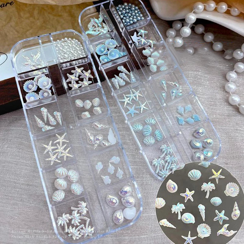 3D Ocean Nail Charms – Shell, Starfish & Mermaid 12-Grid Box Nail Art Charms Axl