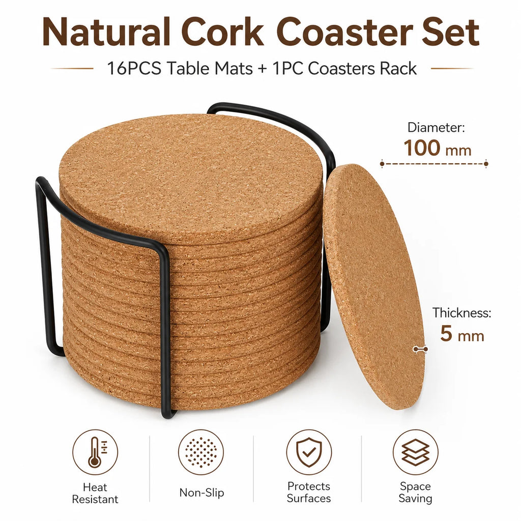 16-Pack Natural Cork Coasters with Holder – Heat Resistant Cork Coaster Set Axl 16- PACK 10cm