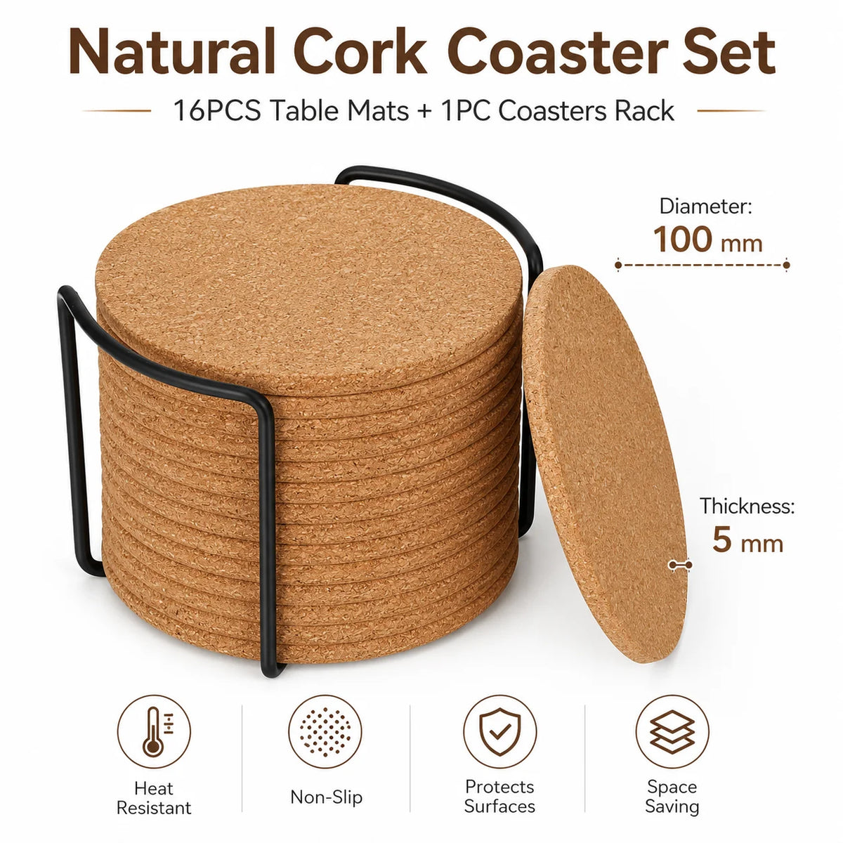 16-Pack Natural Cork Coasters with Holder – Heat Resistant Cork Coaster Set Axl 16- PACK 10cm