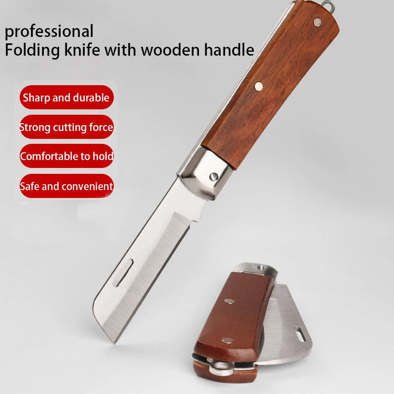 Stainless Steel Folding Knife – Wood Handle Outdoor Multi-Tool Folding Pocket Knife Axl