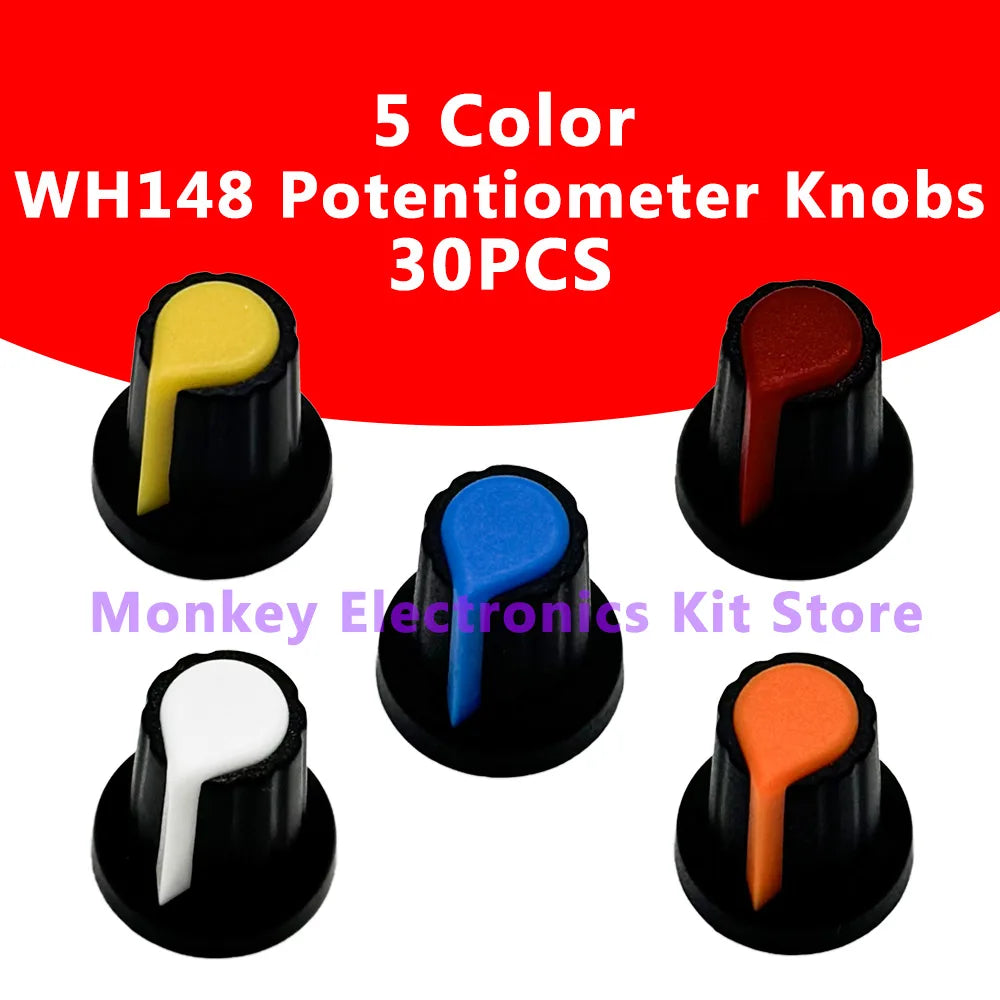 30-Piece Plastic Potentiometer Knobs 6mm Shaft – 5 Colors Potentiometer Knobs Axl