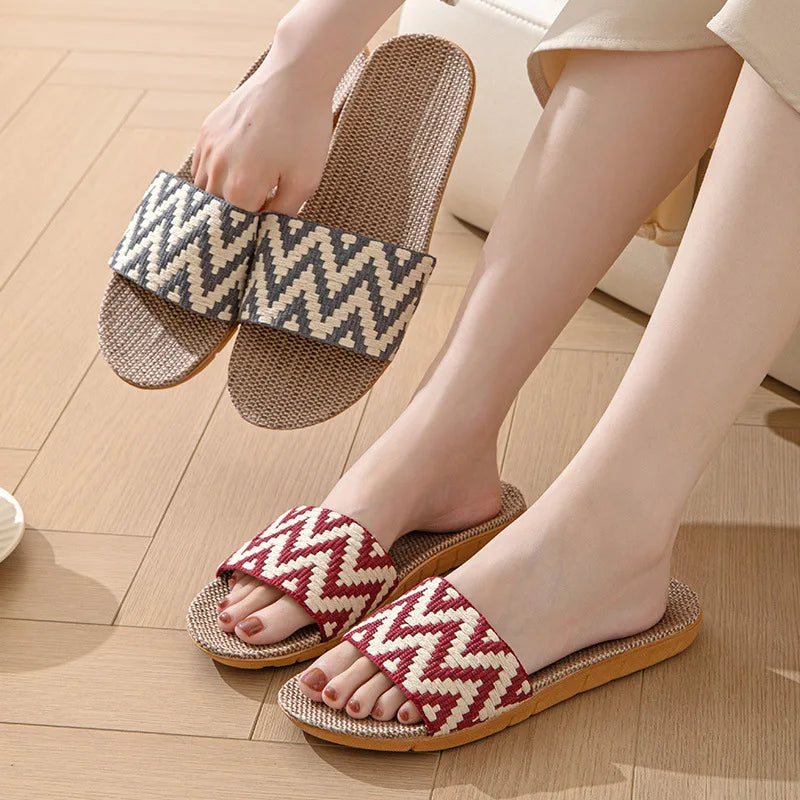 Women's Linen Indoor Slippers – Anti-Slip Thick Sole House Slides Indoor House Slippers Axl