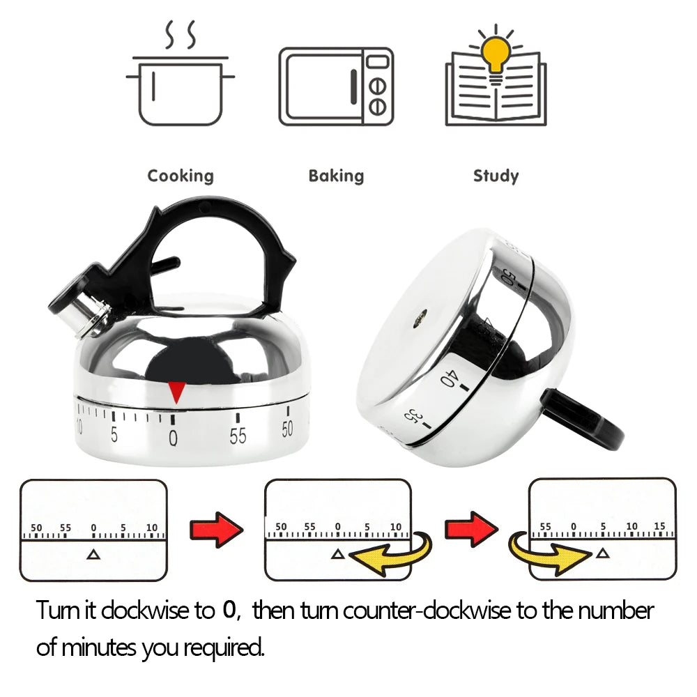 NICEYARD 60-Min Mechanical Kitchen Timer – Kettle Shape Silver Mechanical Kitchen Timer Axl