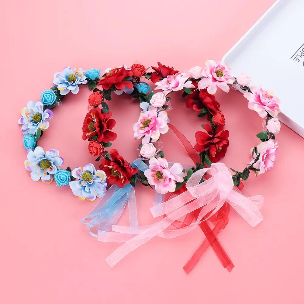 Floral Rose Crown Headband – Adjustable Ribbon Bridal Halo Floral Crown Headband Axl