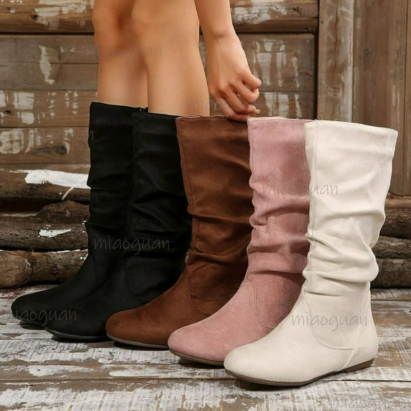 Women's Mid-Calf Flat Boots | Side Zipper Plus Size Suede Women's Mid-Calf Boots Axl