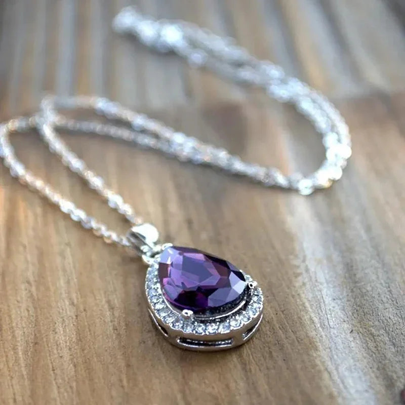 Huitan Purple Waterdrop CZ Pendant Necklace for Women Pendant Necklace Axl