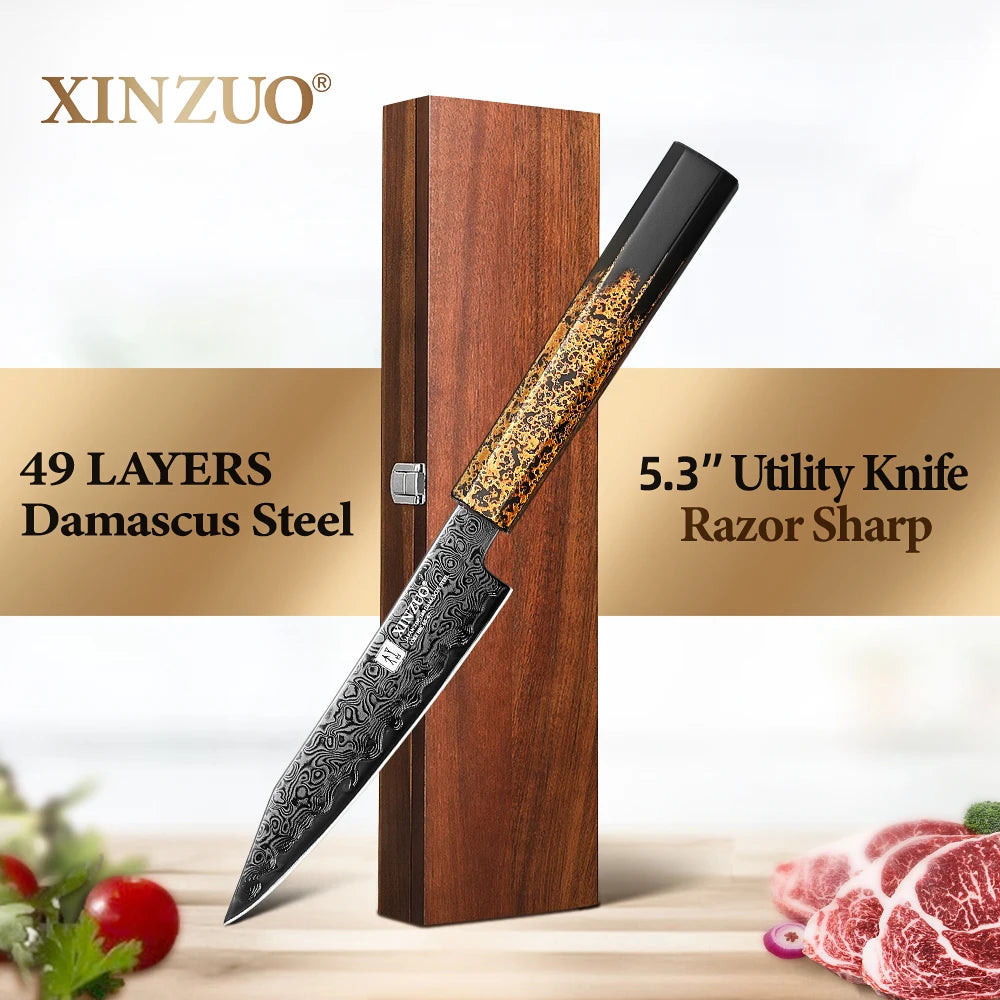XINZUO 5.2" ZDP-189 Damascus Utility Knife with Wood Box Damascus Utility Knife Axl China Mainland