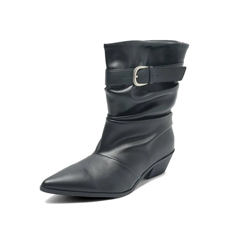 Women's Pointed-Toe Knight Boots – Anti-Slip Belted Heeled Mid-Calf Women's Heeled Boots Axl 35 black