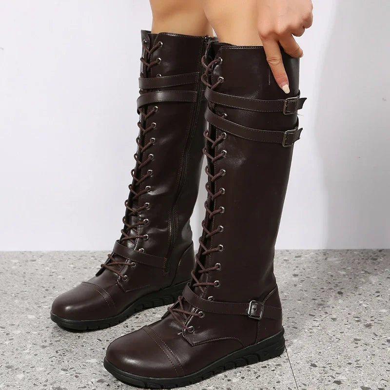 Women's Knee-High Gothic Combat Boots – Lace-Up PU Leather Knee-High Boots Axl