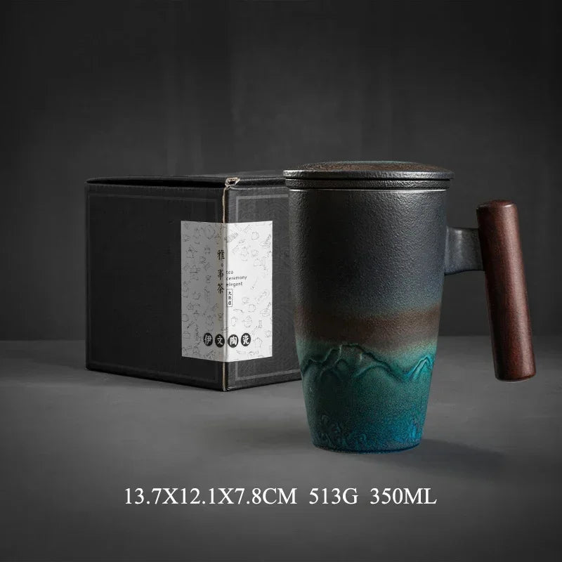 Retro Ceramic Tea Mug with Lid, Filter & Wooden Handle Ceramic Tea Mug Axl 13 350ML