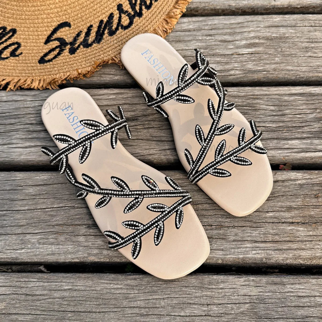 Women's Rhinestone Leaf Flat Slide Sandals | Summer Beach Slippers Flat Slide Sandals Axl