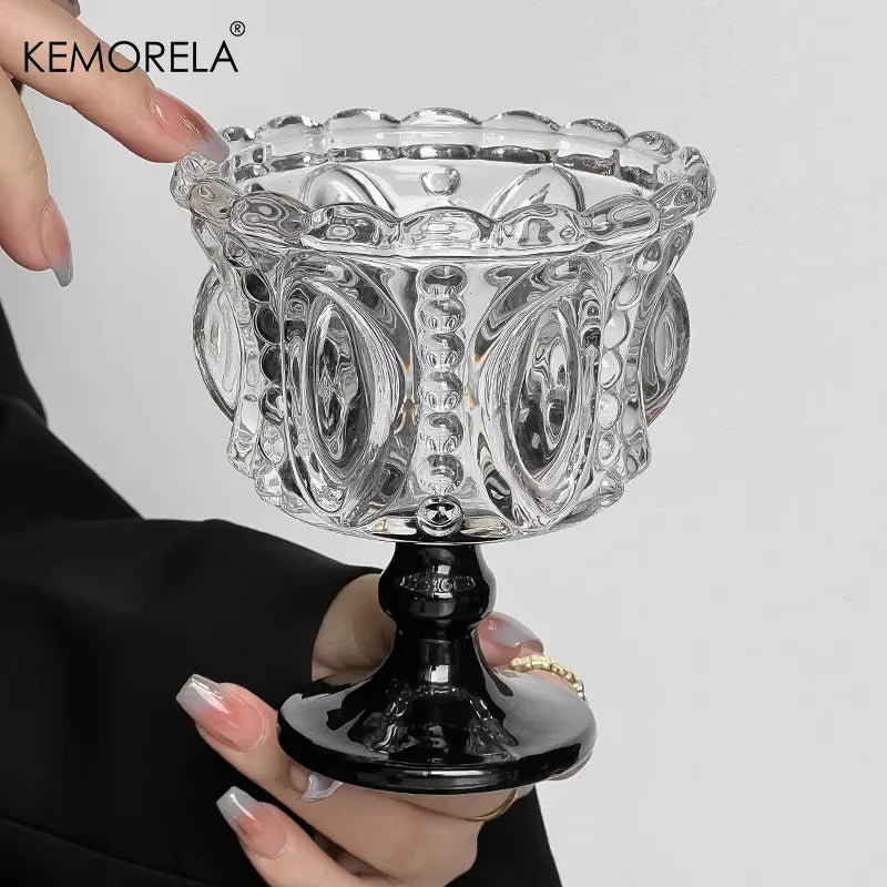 KEMORELA Retro Embossed Black Crystal Goblet | Whiskey & Dessert Glass Cocktail Goblet Glass Axl