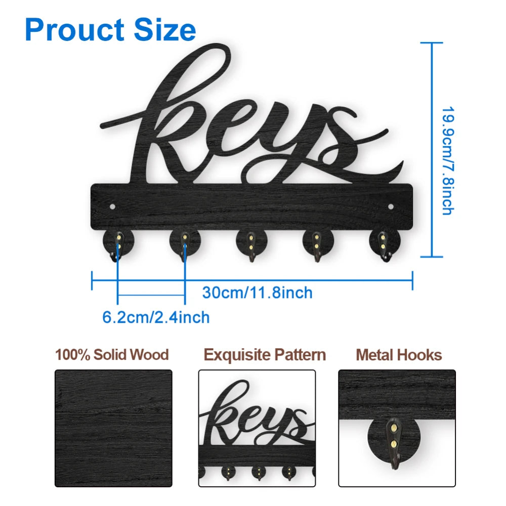 Wood Wall Key Rack with 5 Hooks – Black Entryway Organizer Wall Key Rack Axl AECH04-06399