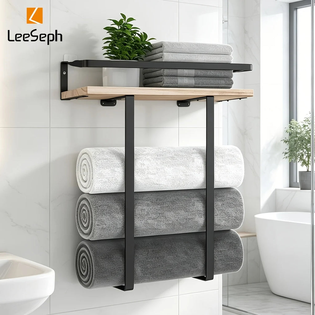 Black Wall Towel Rack with Wood Shelf | Bathroom Organizer Wall Towel Rack Axl