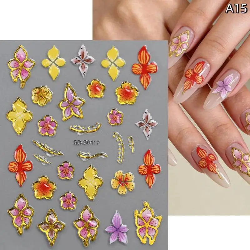 5D Floral Nail Stickers – Bronzing Blossom Petal Appliques DIY Nail Art Stickers Axl A15