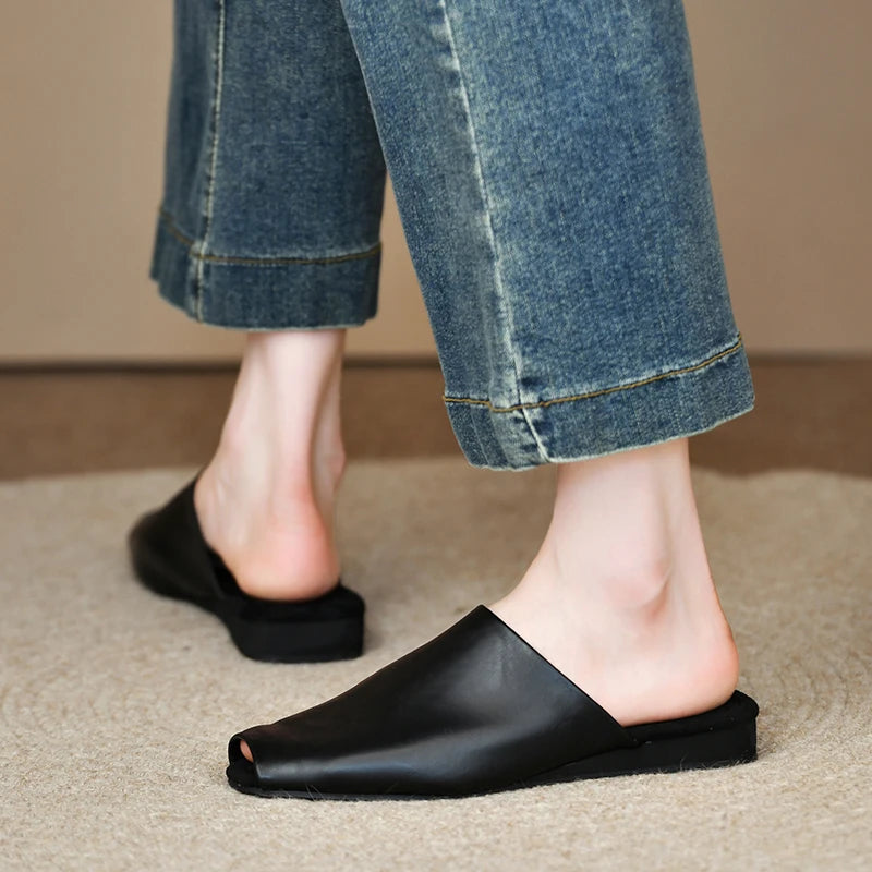 Women's Peep Toe Mule Slides – Faux Leather Low Heel Sandals Mule Slide Sandals Axl