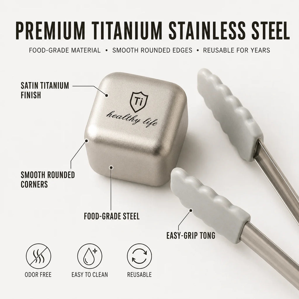 Titanium Stainless Steel Reusable Ice Cubes Set with Tongs Whiskey Stones Set Axl